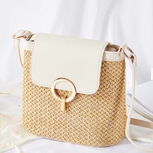 Woven Straw Crossbody Bag with Cream Flap and Gold Ring